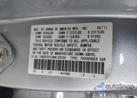 2011 Honda Accord 2.4 Lx z USA, uszkodzony, nr VIN 1HGCP2F33BA138328